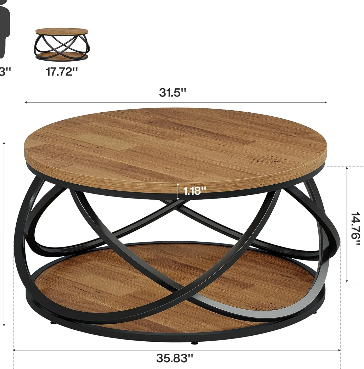 Round Coffee Table, 2-Tier Circle Center Table with Storage Shelves