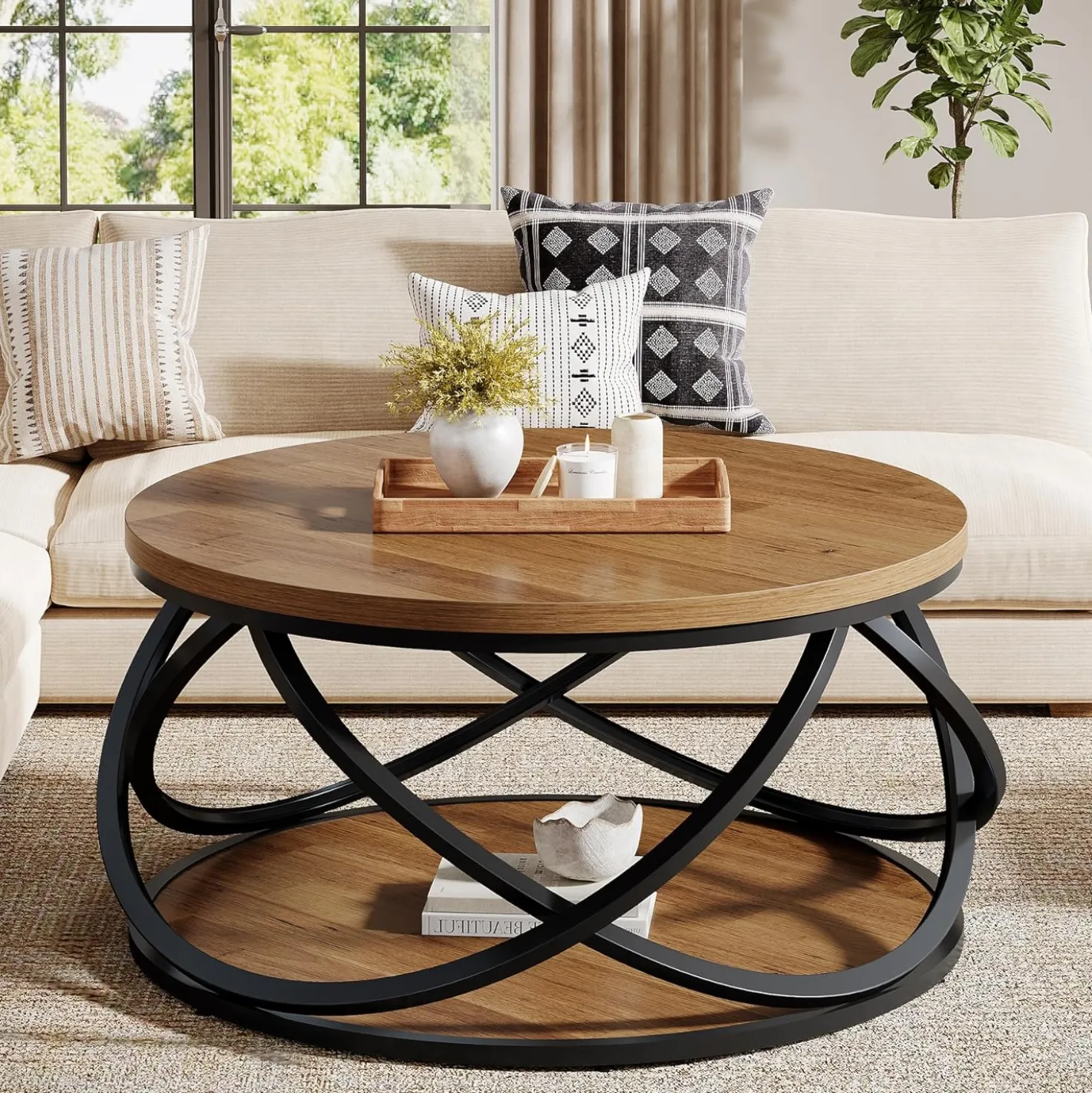 Round Coffee Table, 2-Tier Circle Center Table with Storage Shelves