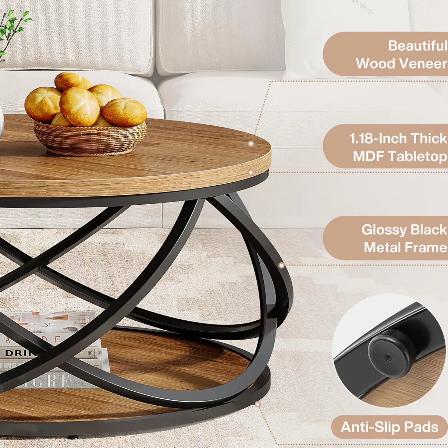 Round Coffee Table, 2-Tier Circle Center Table with Storage Shelves
