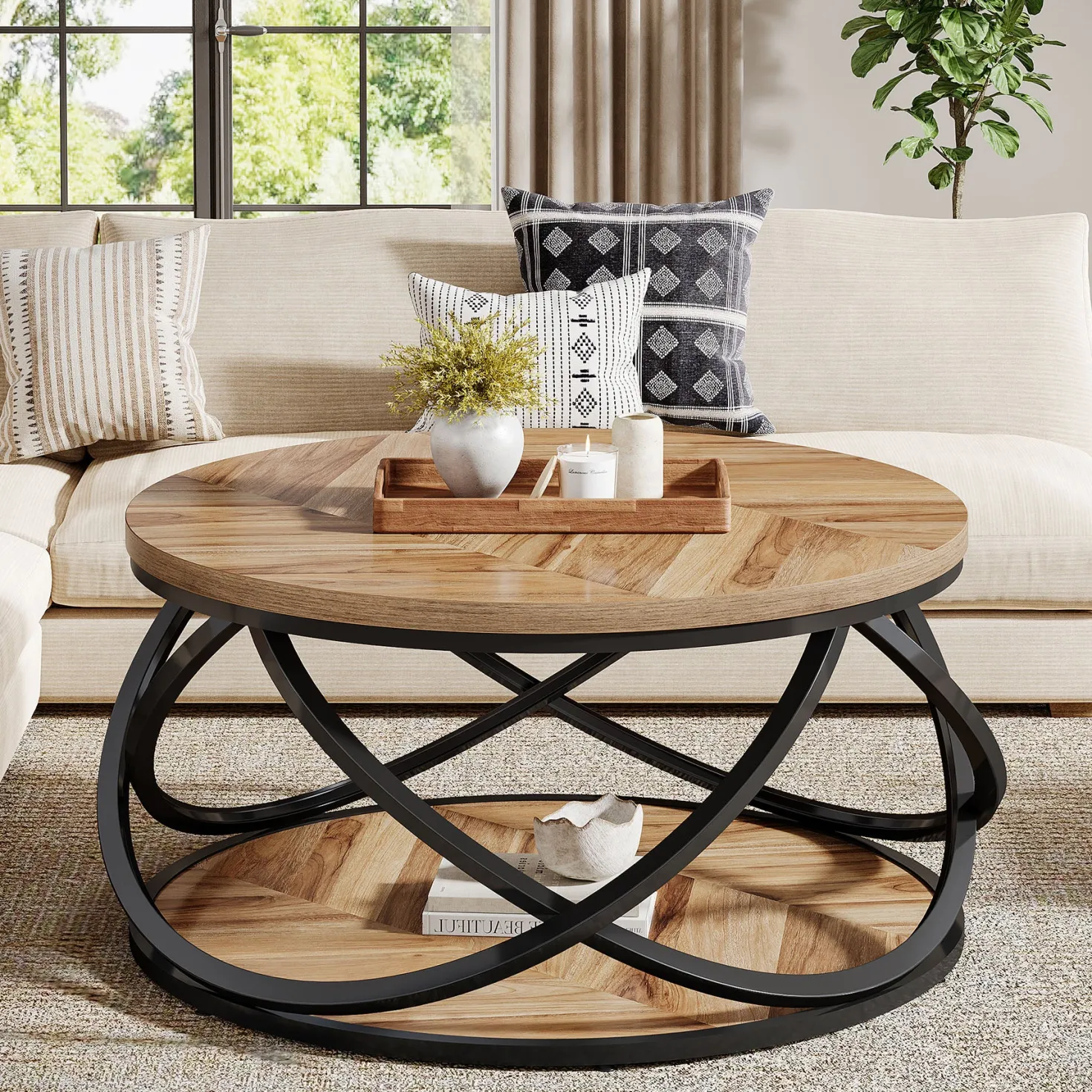 Round Coffee Table, 2-Tier Circle Center Table with Storage Shelves