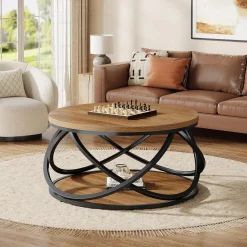 Round Coffee Table, 2-Tier Circle Center Table with Storage Shelves