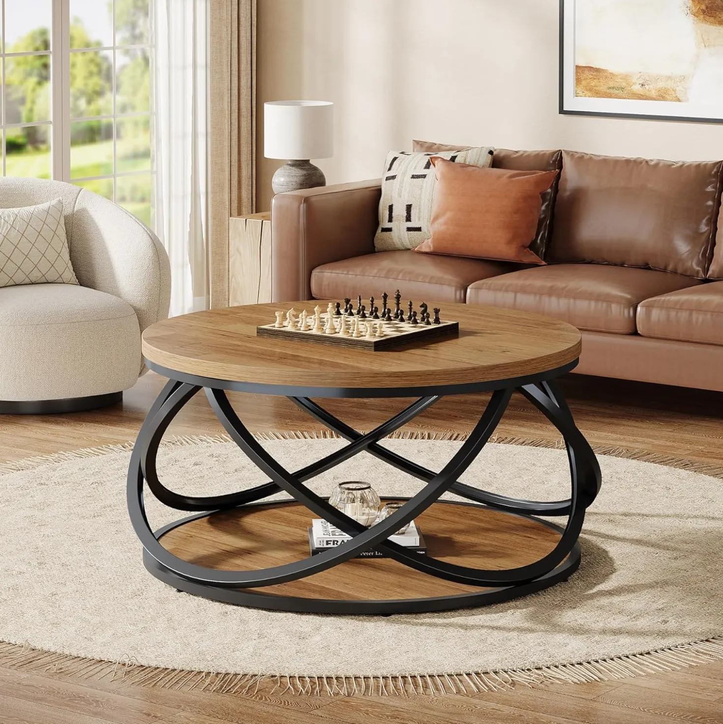 Round Coffee Table, 2-Tier Circle Center Table with Storage Shelves
