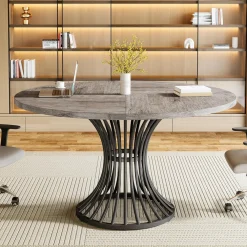 Round Conference Table for 4-6, 47" Meeting Table with Metal Base