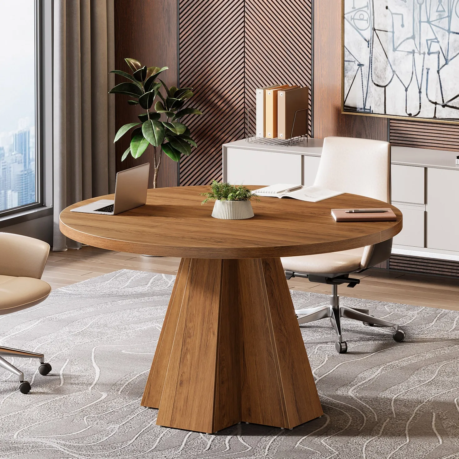 Round Conference Table, Small Meeting Table with Thickened Tabletop