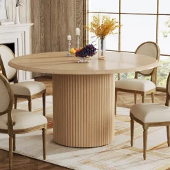 Round Dining Table, 47.24" Farmhouse Kitchen Table with Metal Base for 4