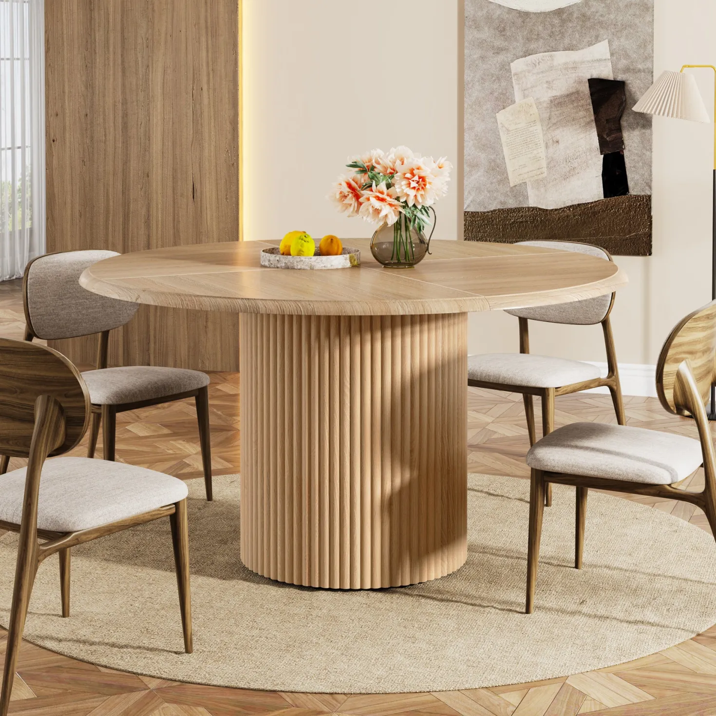Round Dining Table, 47.24" Farmhouse Kitchen Table with Metal Base for 4