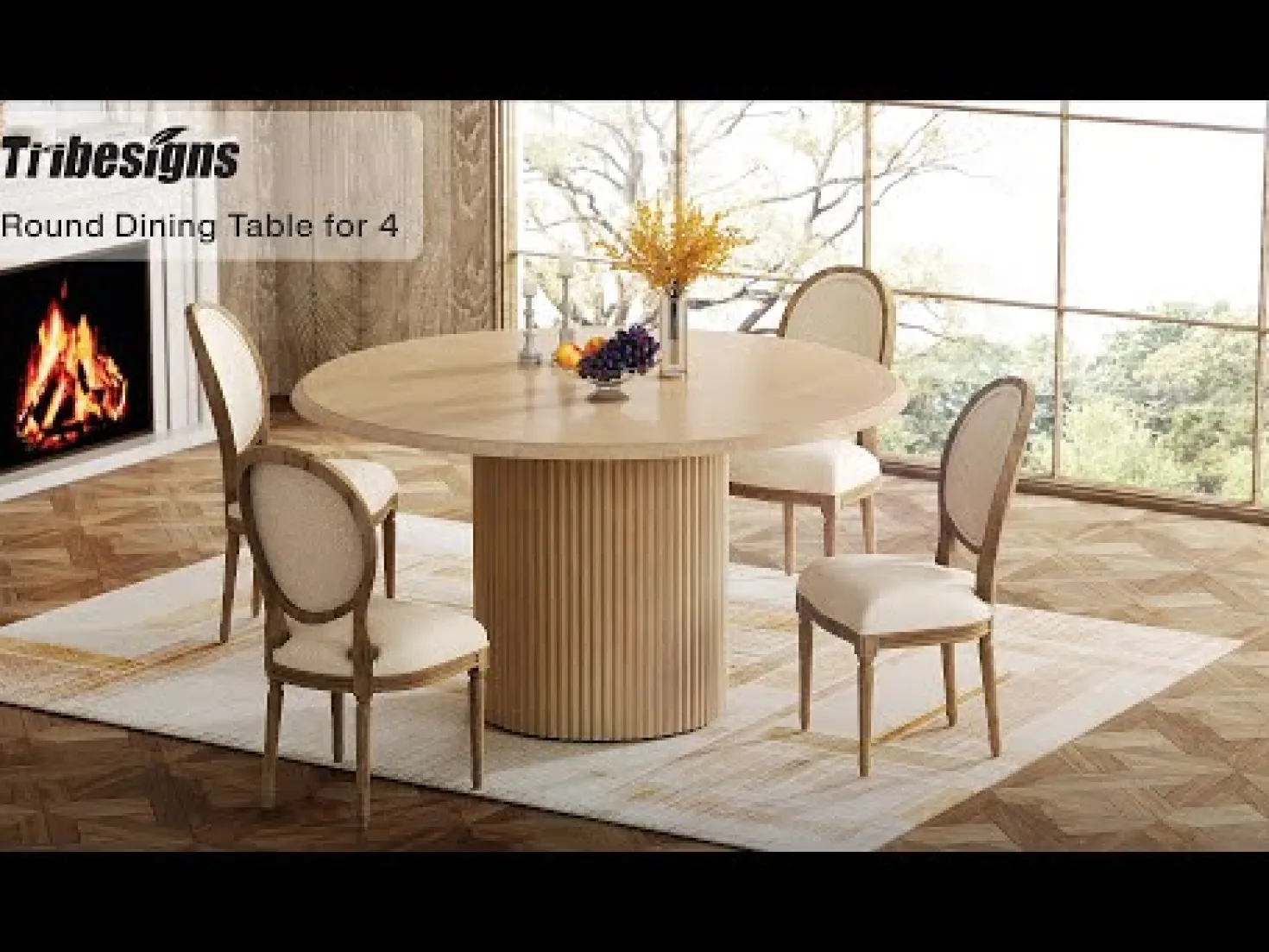 Round Dining Table, 47.24" Farmhouse Kitchen Table with Metal Base for 4
