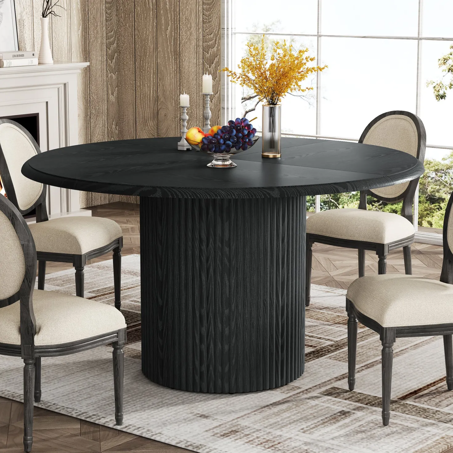 Round Dining Table, 47.24" Farmhouse Kitchen Table with Metal Base for 4