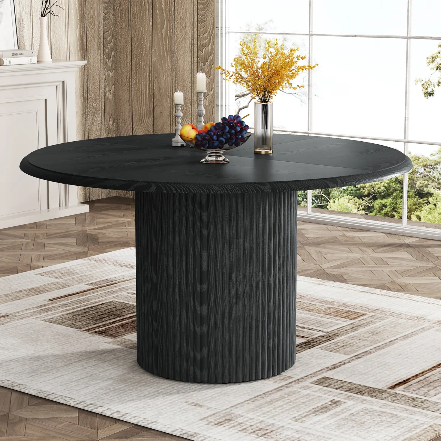 Round Dining Table, 47.24" Farmhouse Kitchen Table with Metal Base for 4