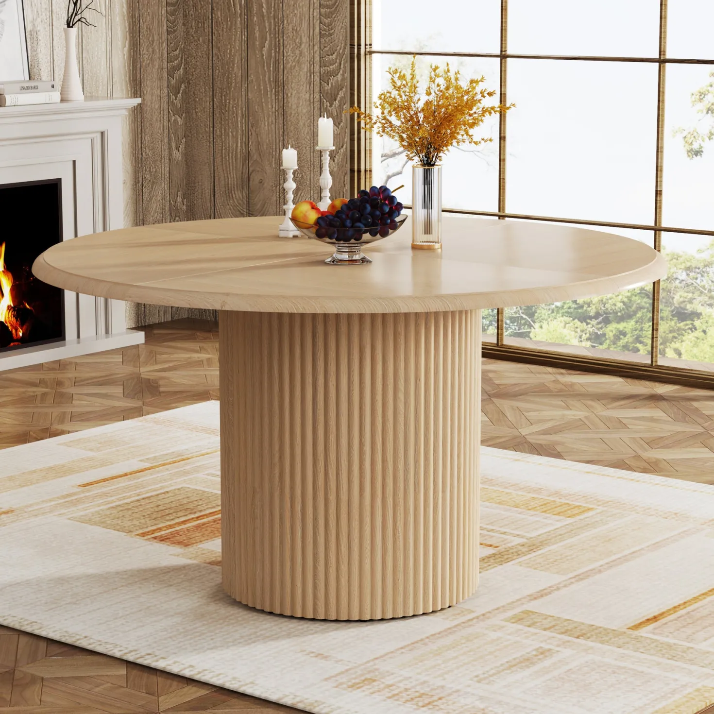Round Dining Table, 47.24" Farmhouse Kitchen Table with Metal Base for 4