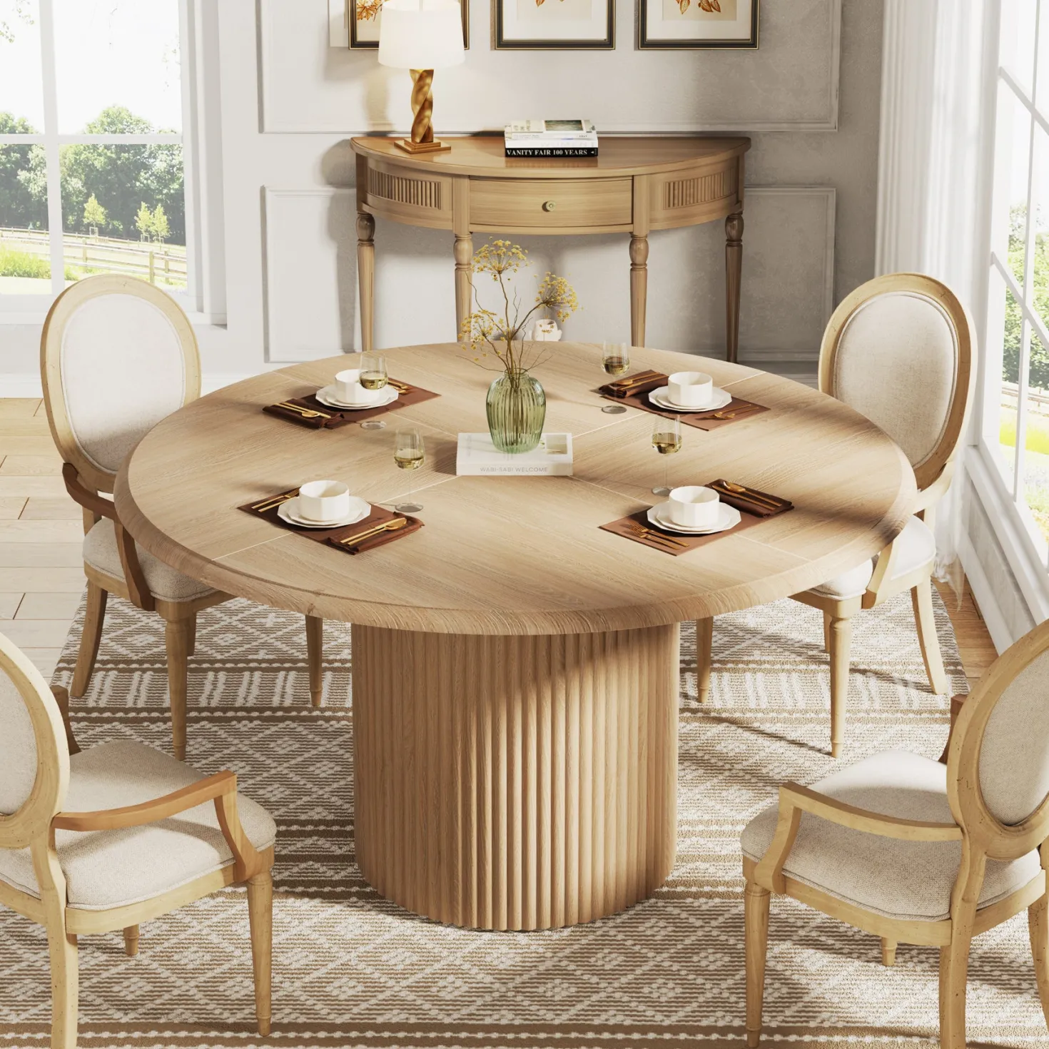 Round Dining Table, 47.24" Farmhouse Kitchen Table with Metal Base for 4