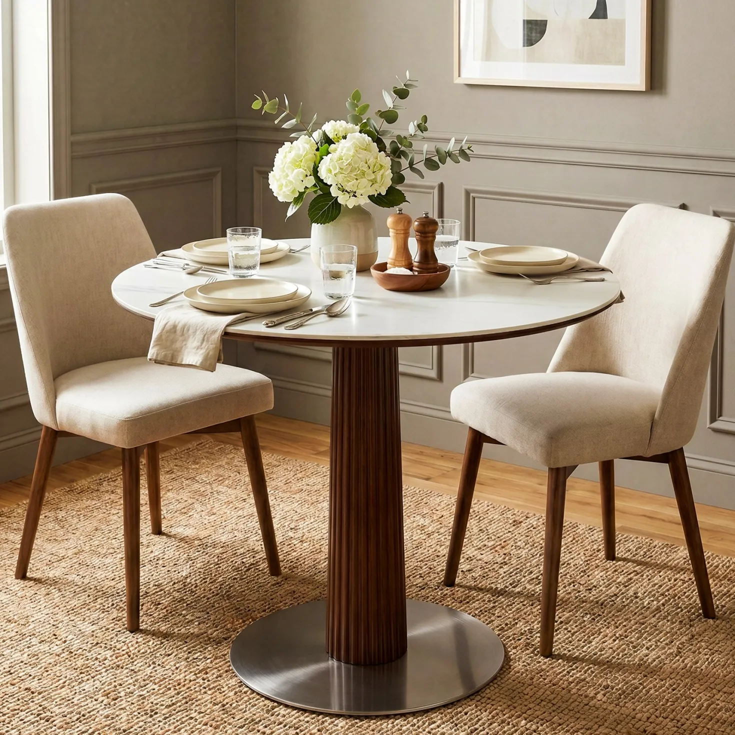 Round Dining Table, 31.5" Kitchen Table with Sintered Stone Tabletop & Steel Pedestal Base