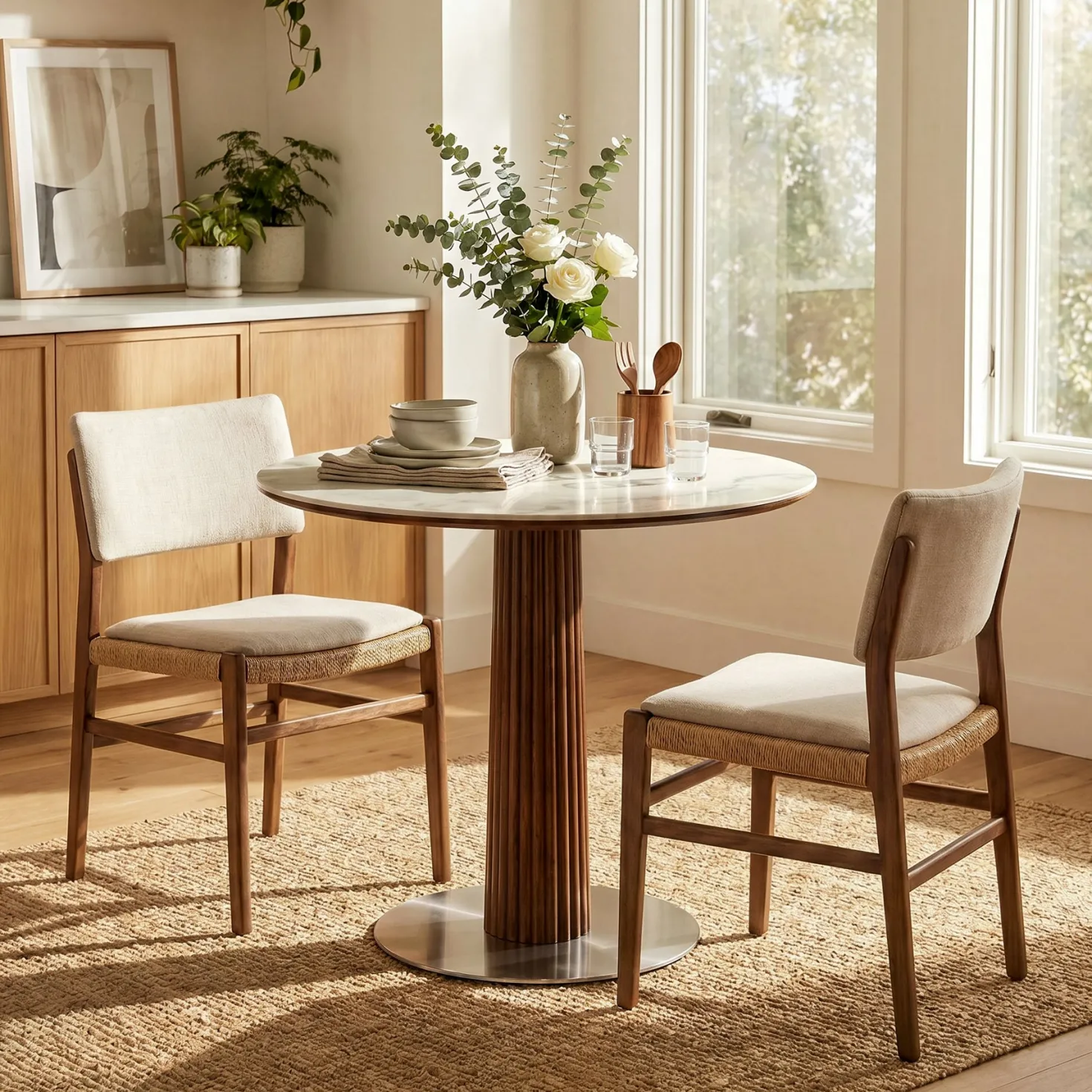Round Dining Table, 31.5" Kitchen Table with Sintered Stone Tabletop & Steel Pedestal Base