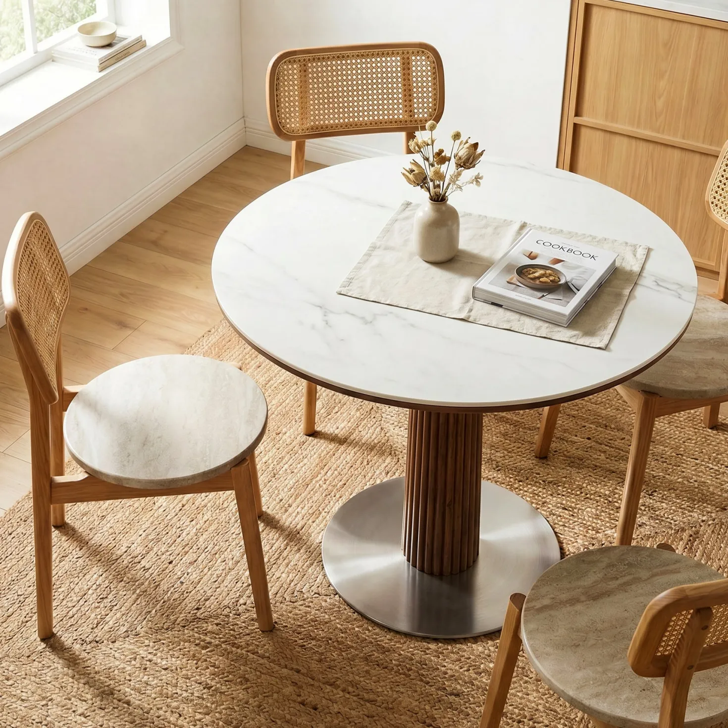 Round Dining Table, 31.5" Kitchen Table with Sintered Stone Tabletop & Steel Pedestal Base