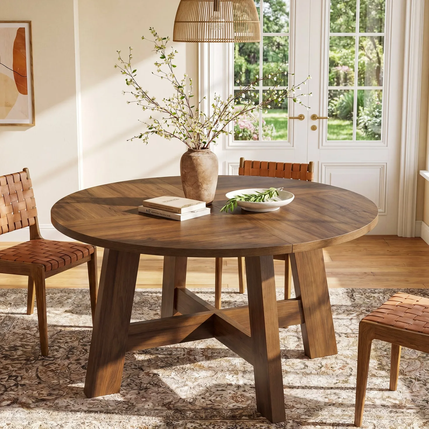 Round Dining Table for 4-6, 47" Kitchen Table with Reinforced Cross Brace