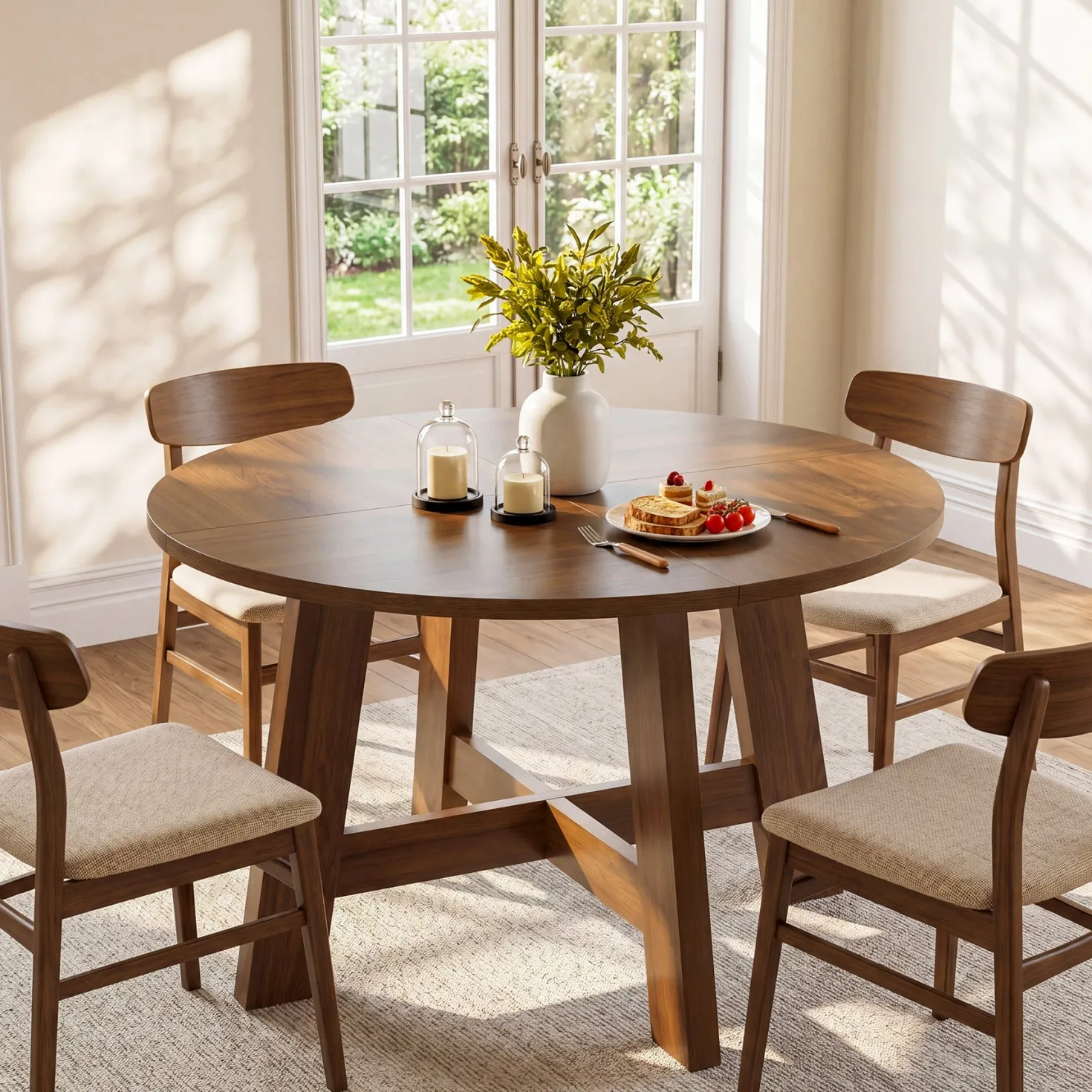 Round Dining Table for 4-6, 47" Kitchen Table with Reinforced Cross Brace