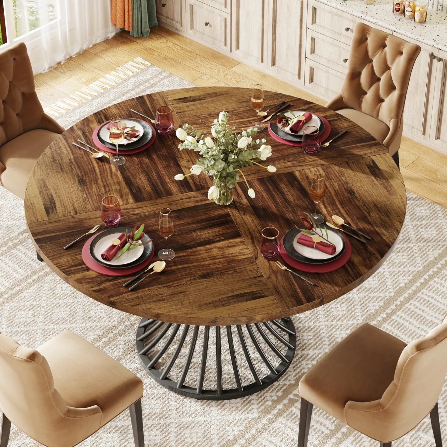 Round Dining Table for 4-6, 47" Farmhouse Circle Kitchen Table