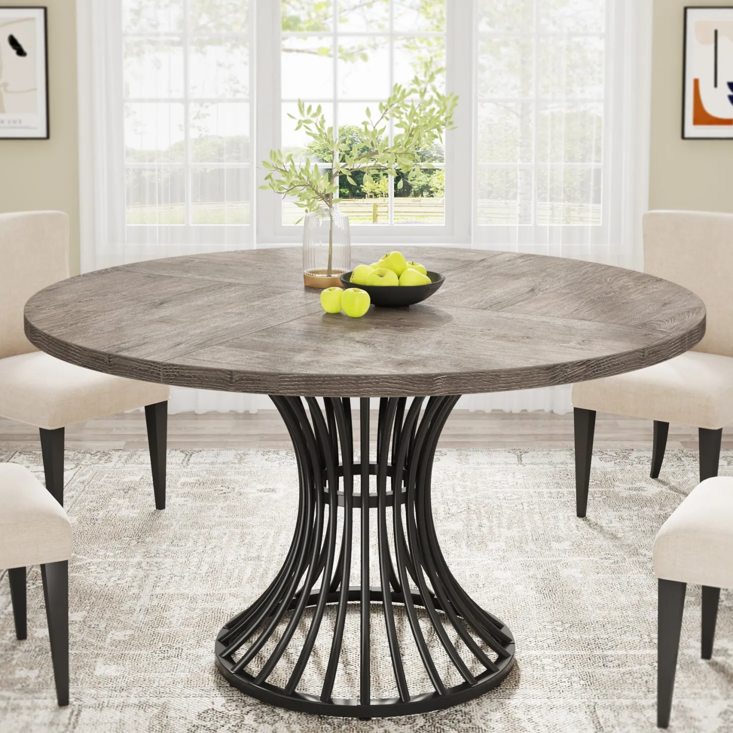 Round Dining Table for 4-6, 47" Farmhouse Circle Kitchen Table