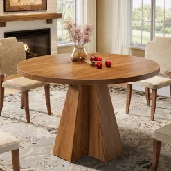 Round Dining Table for 4, Circle Kitchen Table with Pedestal Base