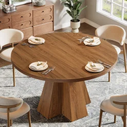 Round Dining Table for 4, Circle Kitchen Table with Pedestal Base