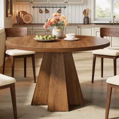 Round Dining Table for 4, Circle Kitchen Table with Pedestal Base