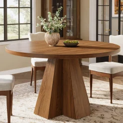 Round Dining Table for 4, Circle Kitchen Table with Pedestal Base
