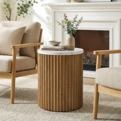 Round End Table, 23.6" Tall Side Table with Faux Marble Tabletop