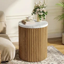 Round End Table, 23.6" Tall Side Table with Faux Marble Tabletop