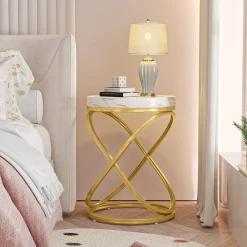 Round End Table, 26" Tall Sofa Side Table with Faux Marble Top