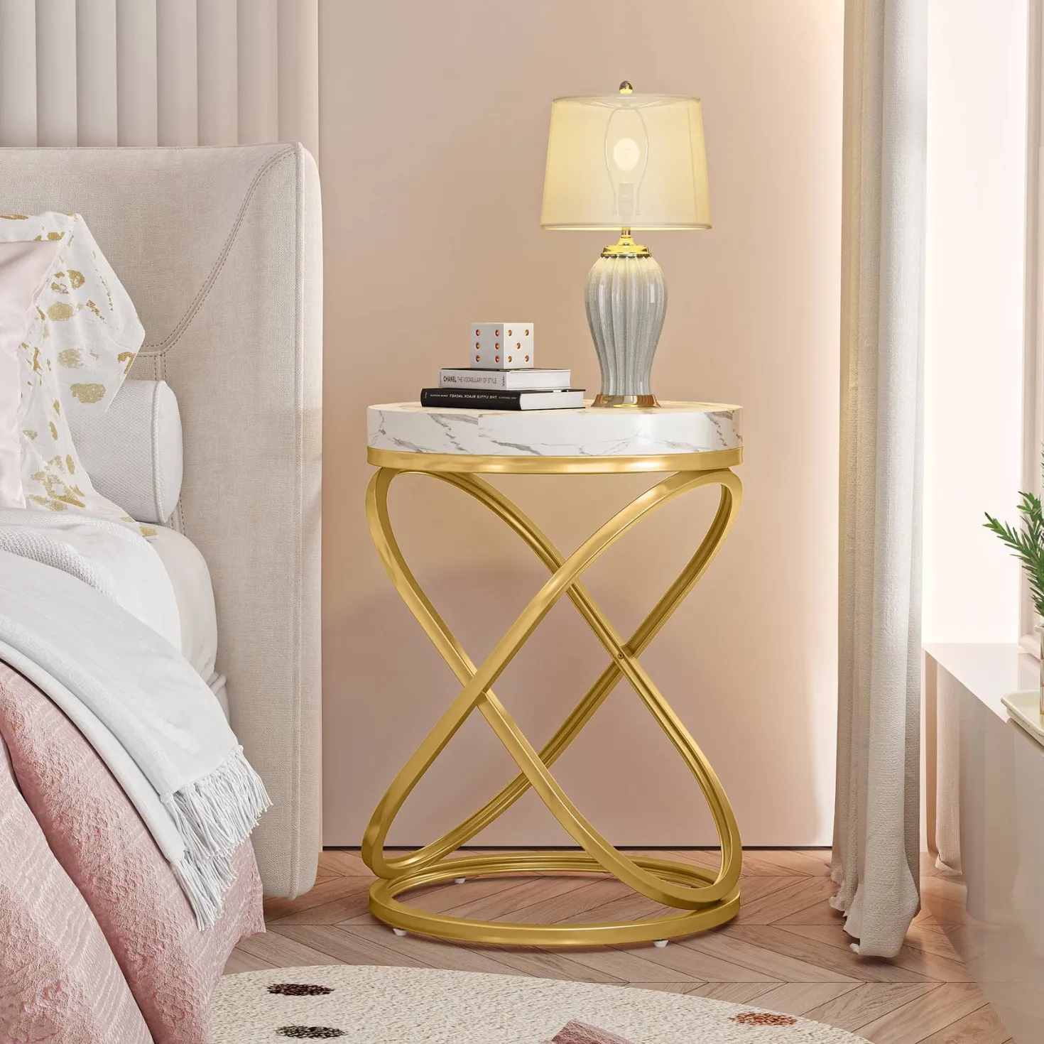 Round End Table, 26" Tall Sofa Side Table with Faux Marble Top