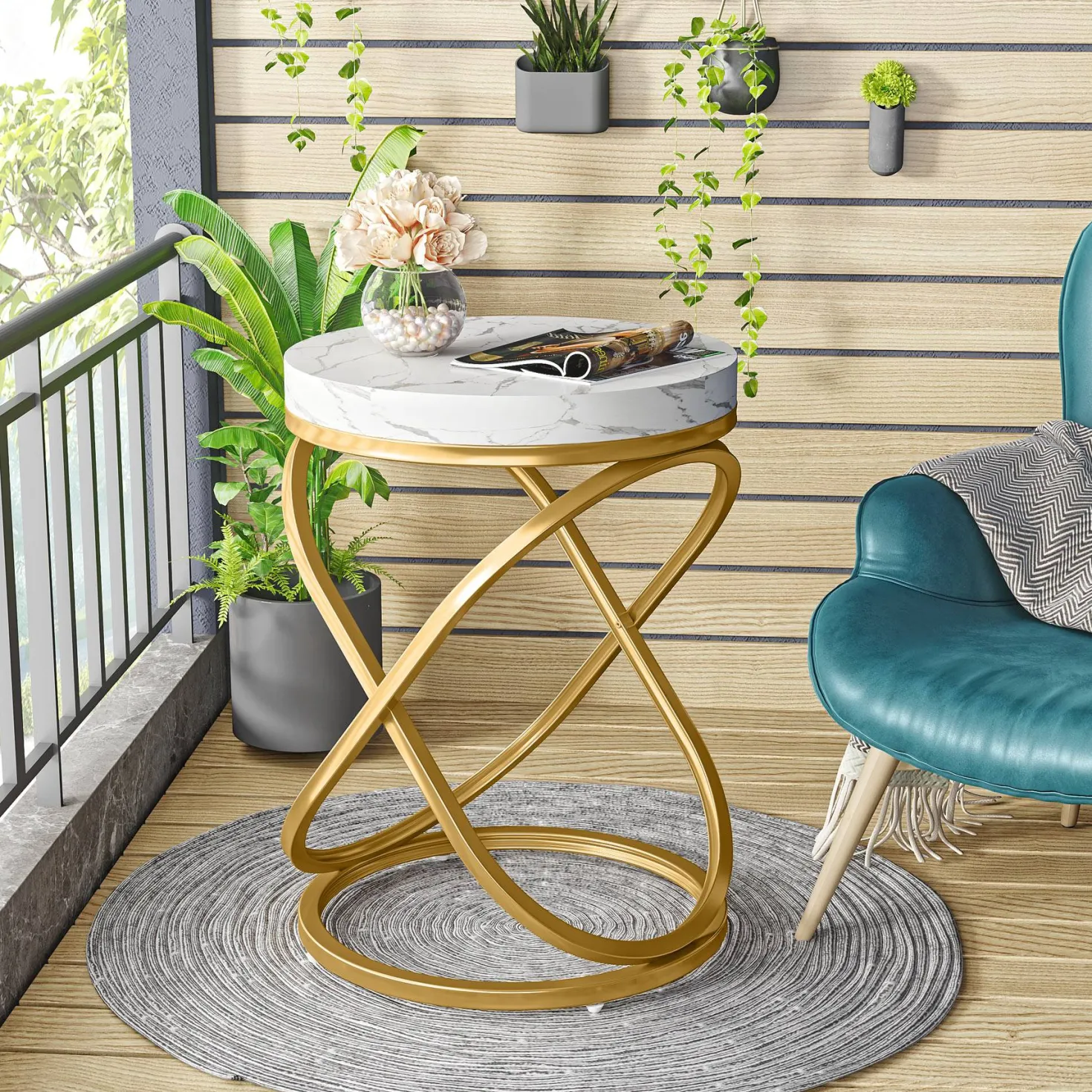 Round End Table, 26" Tall Sofa Side Table with Faux Marble Top