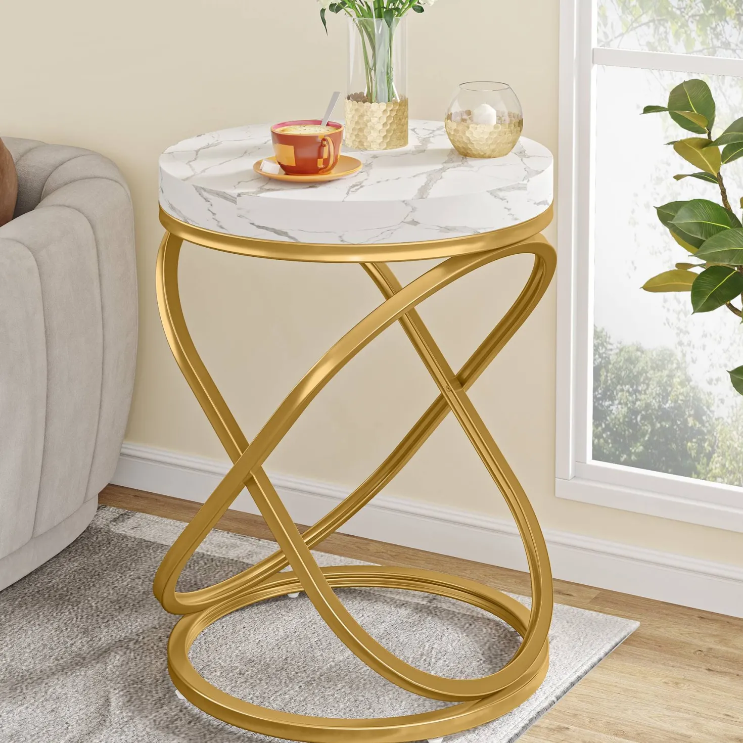 Round End Table, 26" Tall Sofa Side Table with Faux Marble Top
