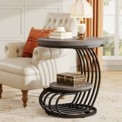 Round End Table, 2 Tiers Faux Marble Side Table with Storage Shelf
