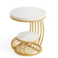 Round End Table, 2 Tiers Faux Marble Side Table with Storage Shelf
