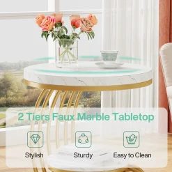 Round End Table, 2 Tiers Faux Marble Side Table with Storage Shelf