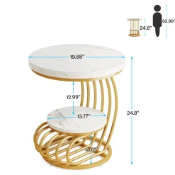 Round End Table, 2 Tiers Faux Marble Side Table with Storage Shelf