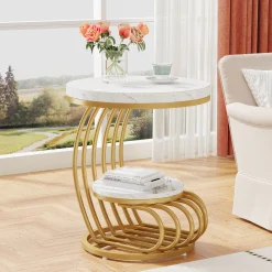 Round End Table, 2 Tiers Faux Marble Side Table with Storage Shelf