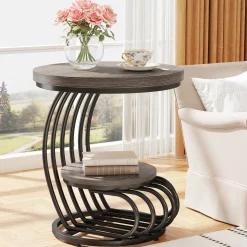 Round End Table, 2 Tiers Faux Marble Side Table with Storage Shelf