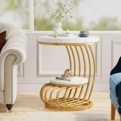 Round End Table, 2 Tiers Faux Marble Side Table with Storage Shelf