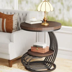 Round End Table, 2 Tiers Faux Marble Side Table with Storage Shelf