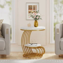 Round End Table, 2 Tiers Faux Marble Side Table with Storage Shelf