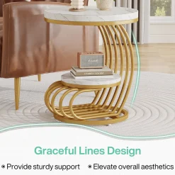 Round End Table, 2 Tiers Faux Marble Side Table with Storage Shelf