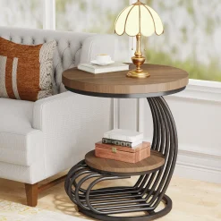 Round End Table, 2 Tiers Faux Marble Side Table with Storage Shelf
