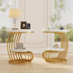 Round End Table, 2 Tiers Faux Marble Side Table with Storage Shelf