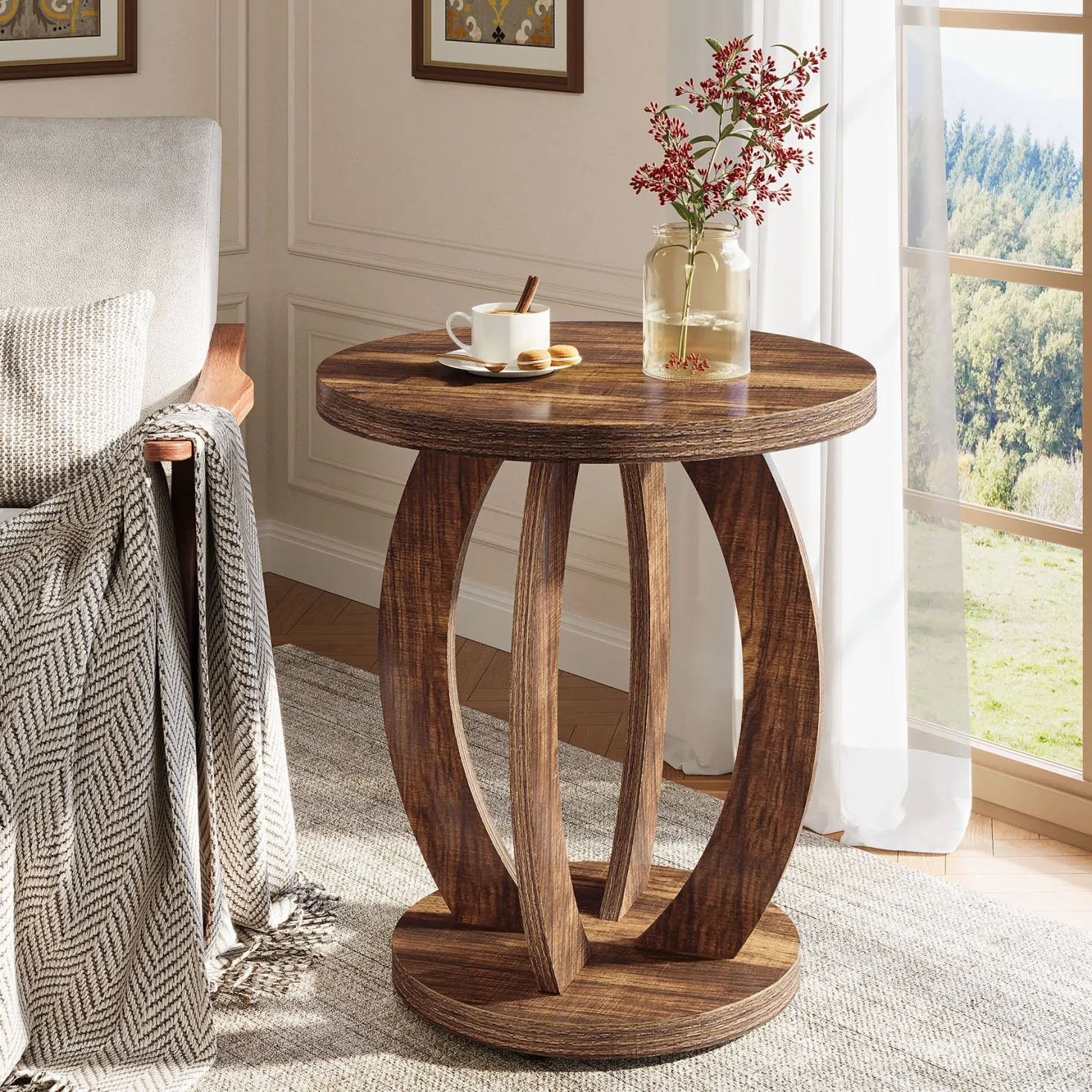 Round End Table, Accent Side Table with Storage for Small Space