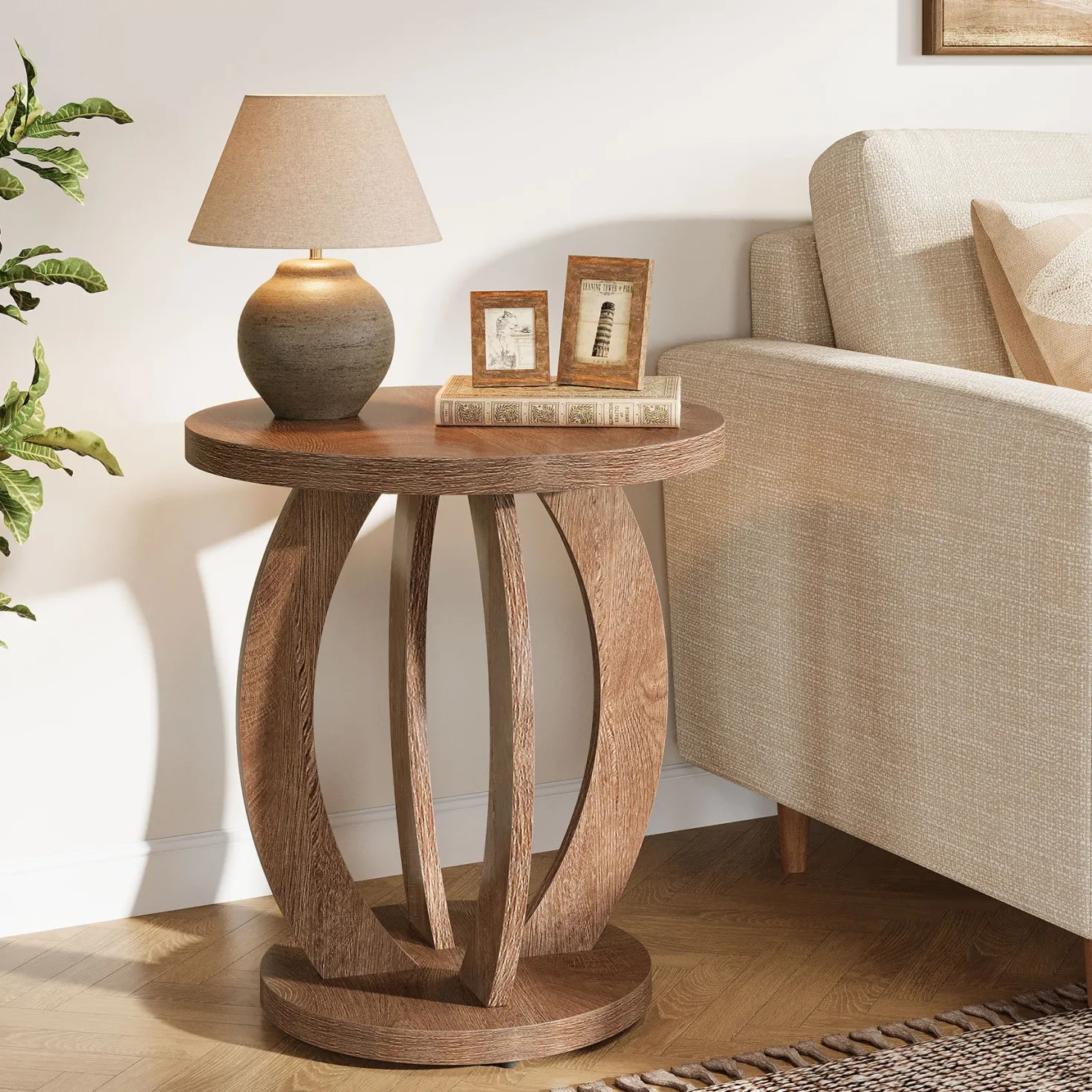 Round End Table, Accent Side Table with Storage for Small Space
