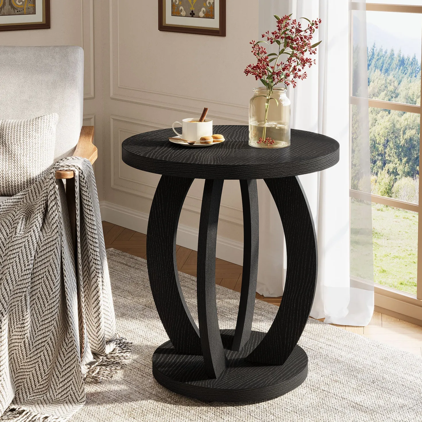 Round End Table, Accent Side Table with Storage for Small Space