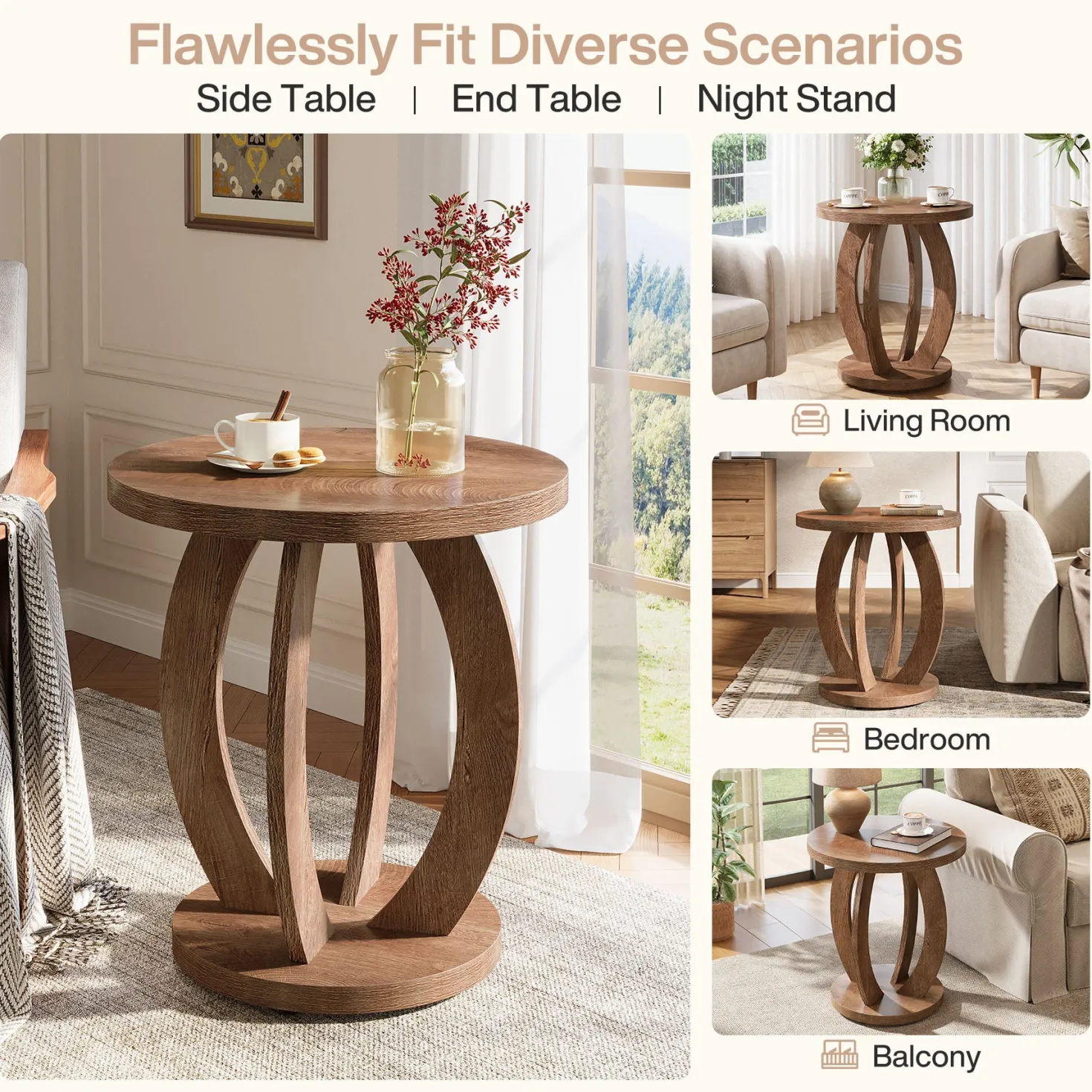 Round End Table, Accent Side Table with Storage for Small Space