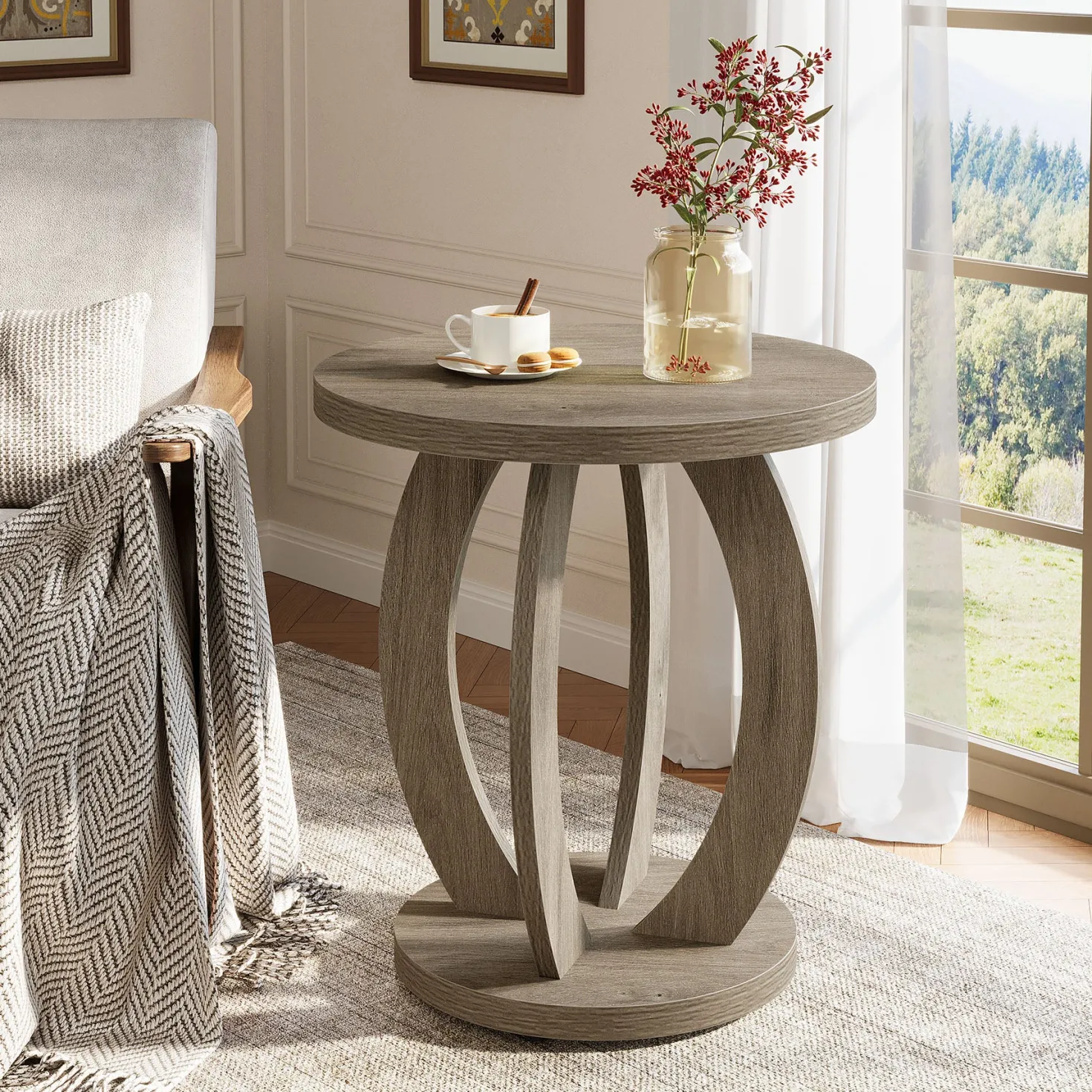 Round End Table, Accent Side Table with Storage for Small Space