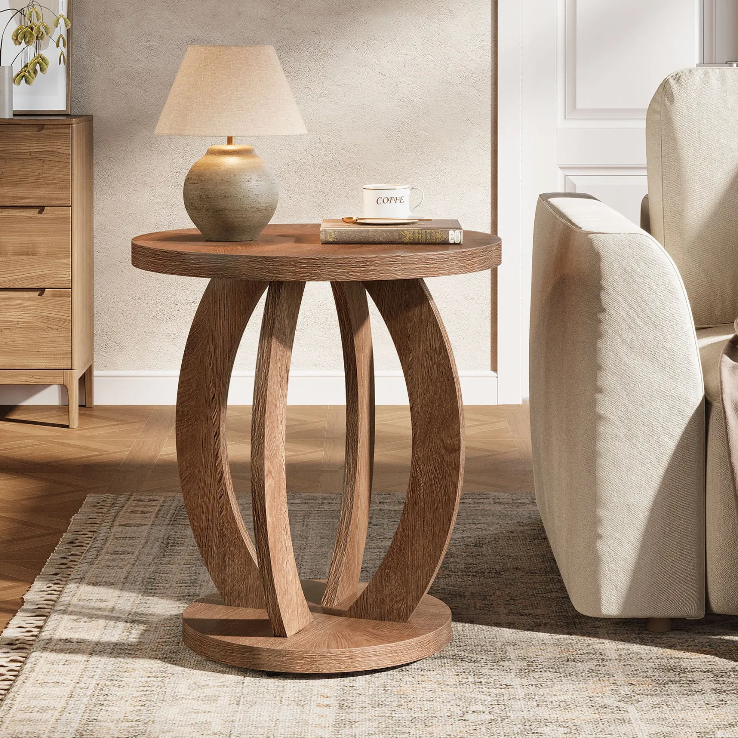 Round End Table, Accent Side Table with Storage for Small Space
